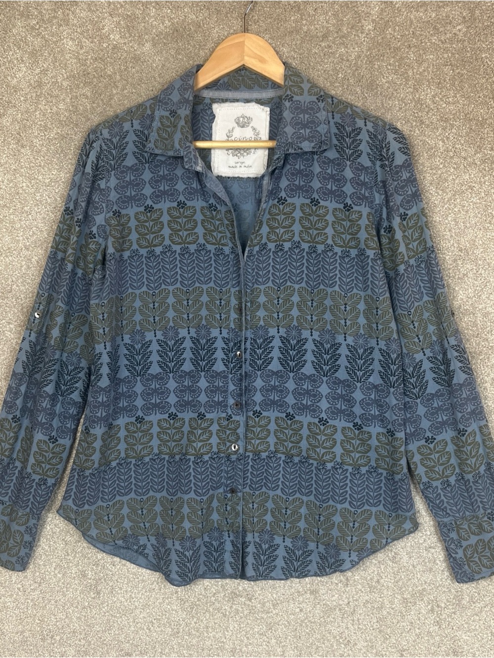 Cino Shirt Womens Large Blue Floral Cotton Button Front Long Sleeve- 5315